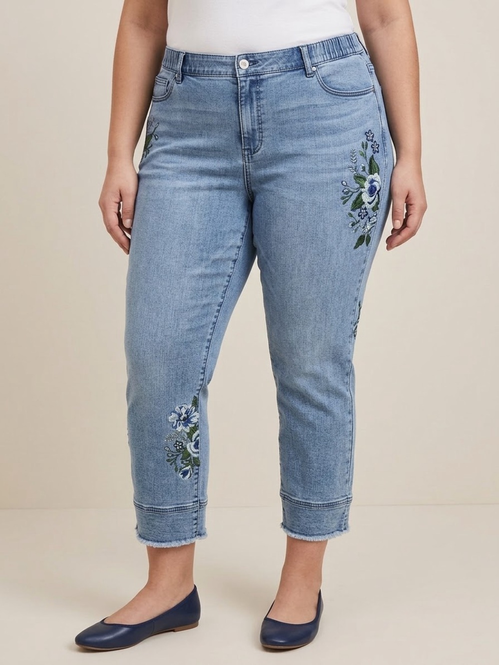 J. Jill Denim Floral Embroidered Cropped Jeans Size 18 Authentic Fit Raw Hem